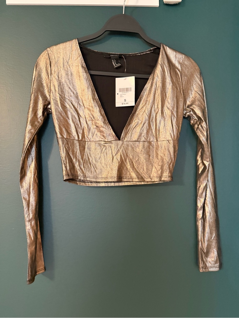 Metallic Gold V-Neck Long Sleeve Crop Top - forever 21 NWT